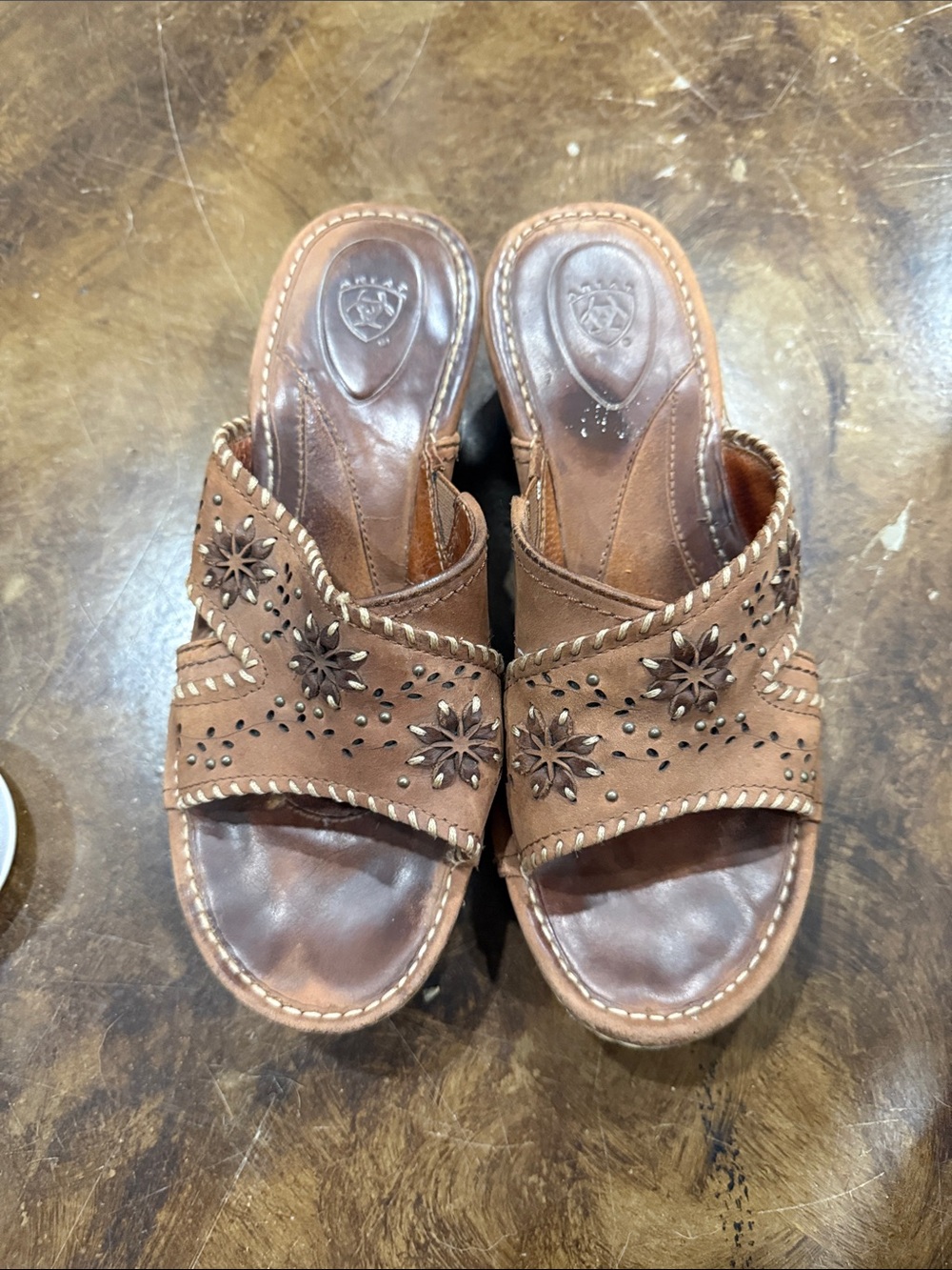 Ariat Brown Floral Cutout Leather Slide Clogs